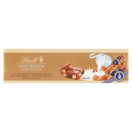 LINDT Szwajcarska czekolada mleczna z rodzynkami i orzechami laskowymi 300 g
